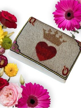 Shirdee Queen Of Hearts Beaded Sequined Crossbody Clutch - Red Heart on Silver